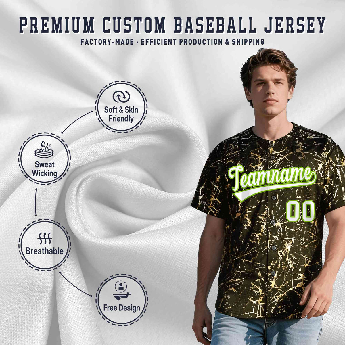 Custom Olive White Black&amp;Shiny Gold Cracked Foil Breathable Mesh Streetwear Baseball Jersey| KXKSHOP