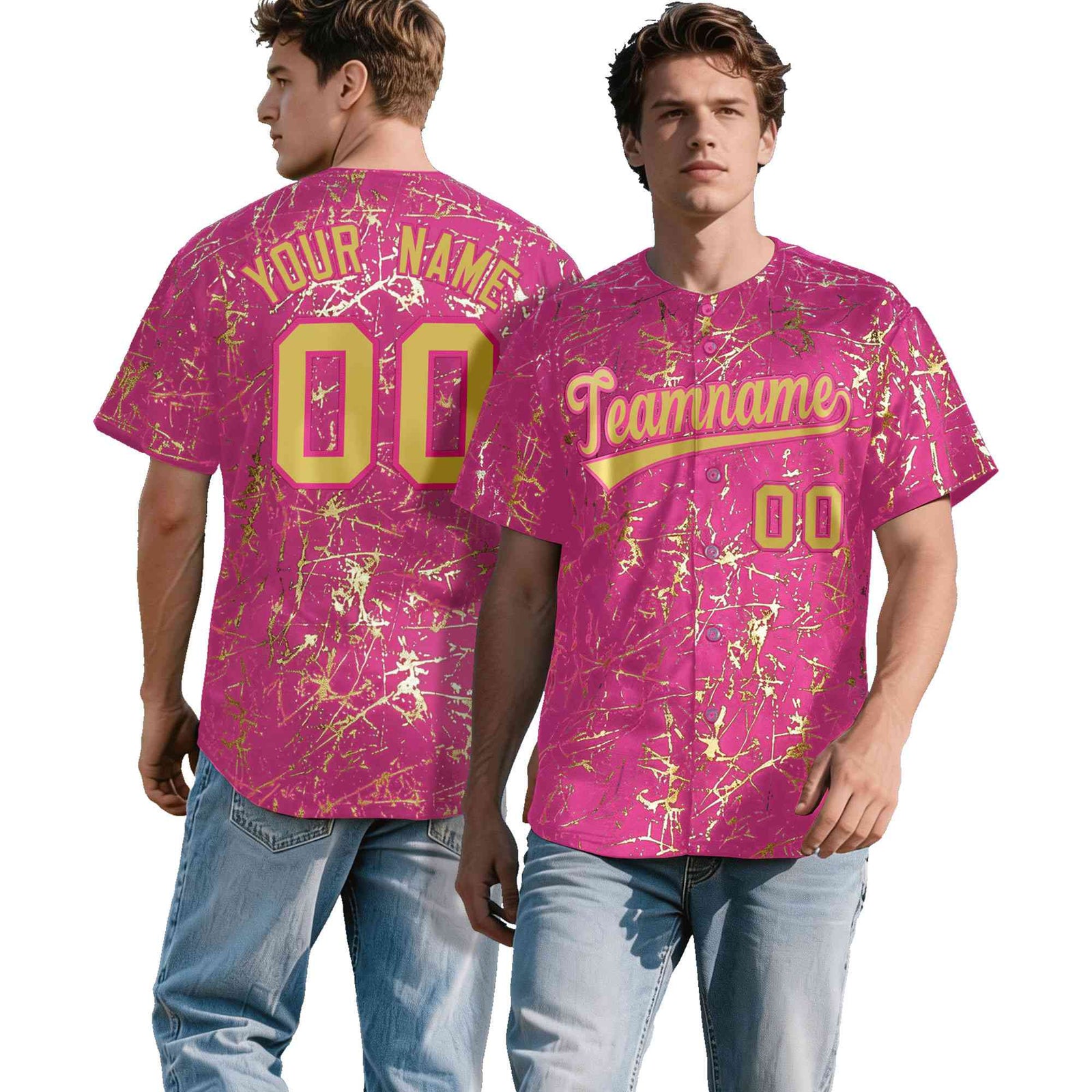 Custom Pink Old Gold Black&Shiny Gold Cracked Foil Hip Hop Button Down Baseball Jersey| KXKSHOP