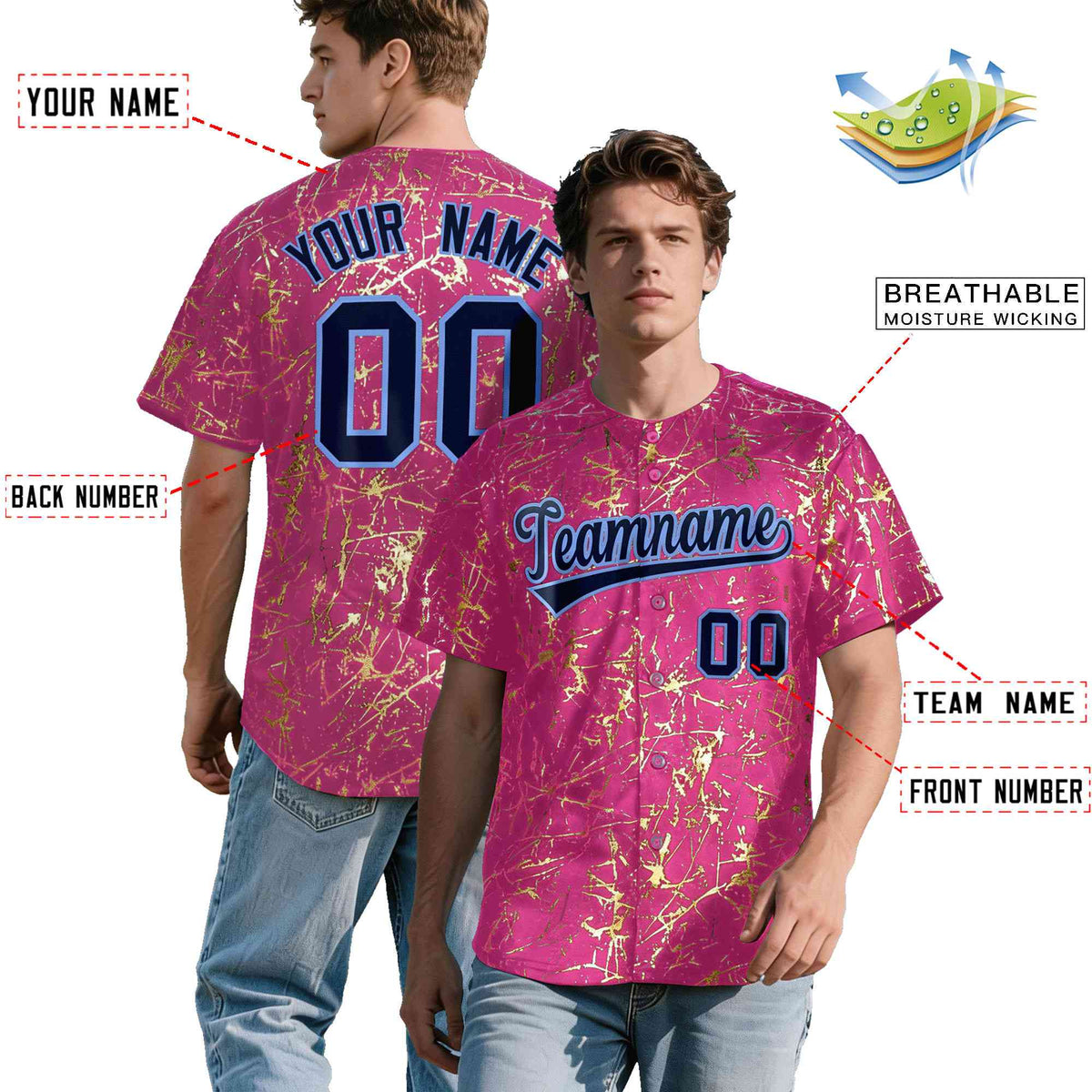 Custom Pink Navy Metallic Gold Splatter Breathable&amp;Wrinkle-Resistant Baseball Jersey| KXKSHOP