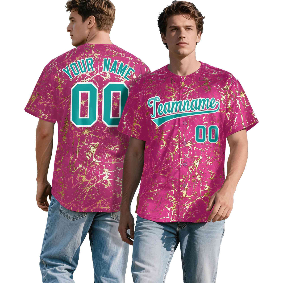 Custom Pink Aqua Metallic Gold Splatter Urban Streetwear Baseball Jersey| KXKSHOP