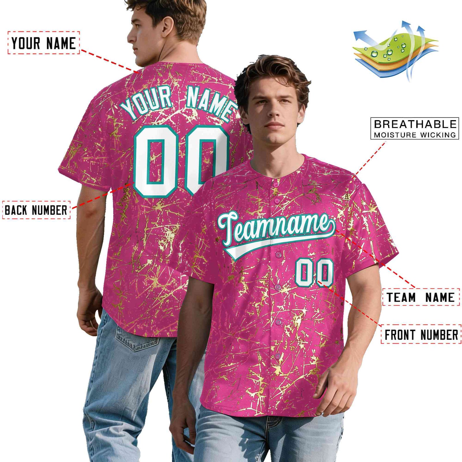 Custom Pink White Black&Shiny Gold Cracked Foil Breathable Mesh Streetwear Baseball Jersey| KXKSHOP