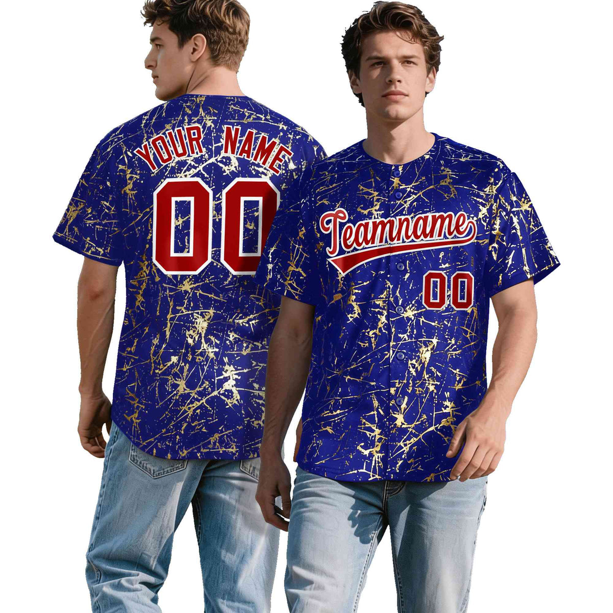 Custom Royal Red Metallic Gold Splatter Breathable&amp;Wrinkle-Resistant Baseball Jersey| KXKSHOP