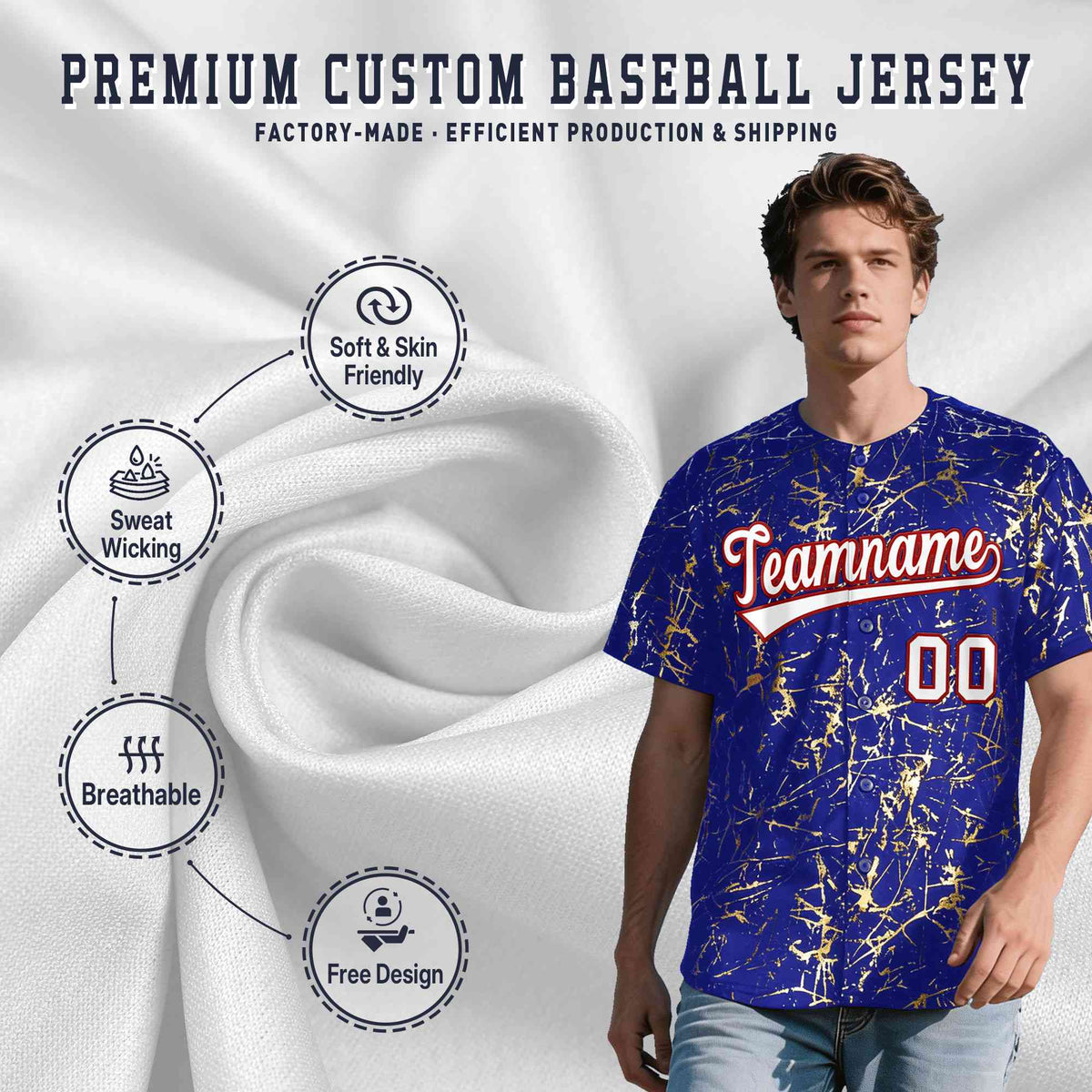 Custom Royal White Black&amp;Gold Marble Print Clubwear Party Streetwear Baseball Jersey| KXKSHOP