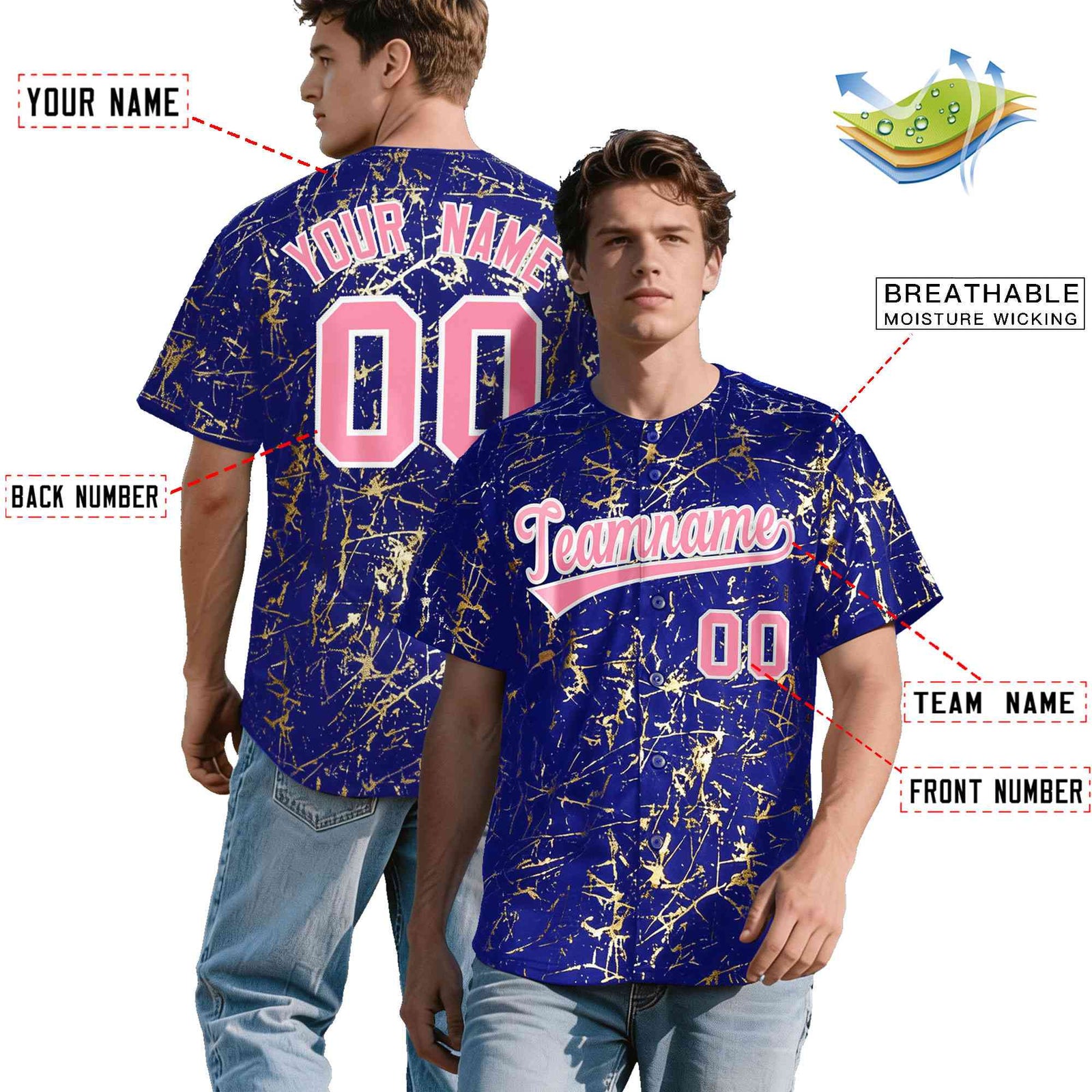 Custom Royal Light Pink Metallic Gold Splatter Urban Streetwear Baseball Jersey| KXKSHOP