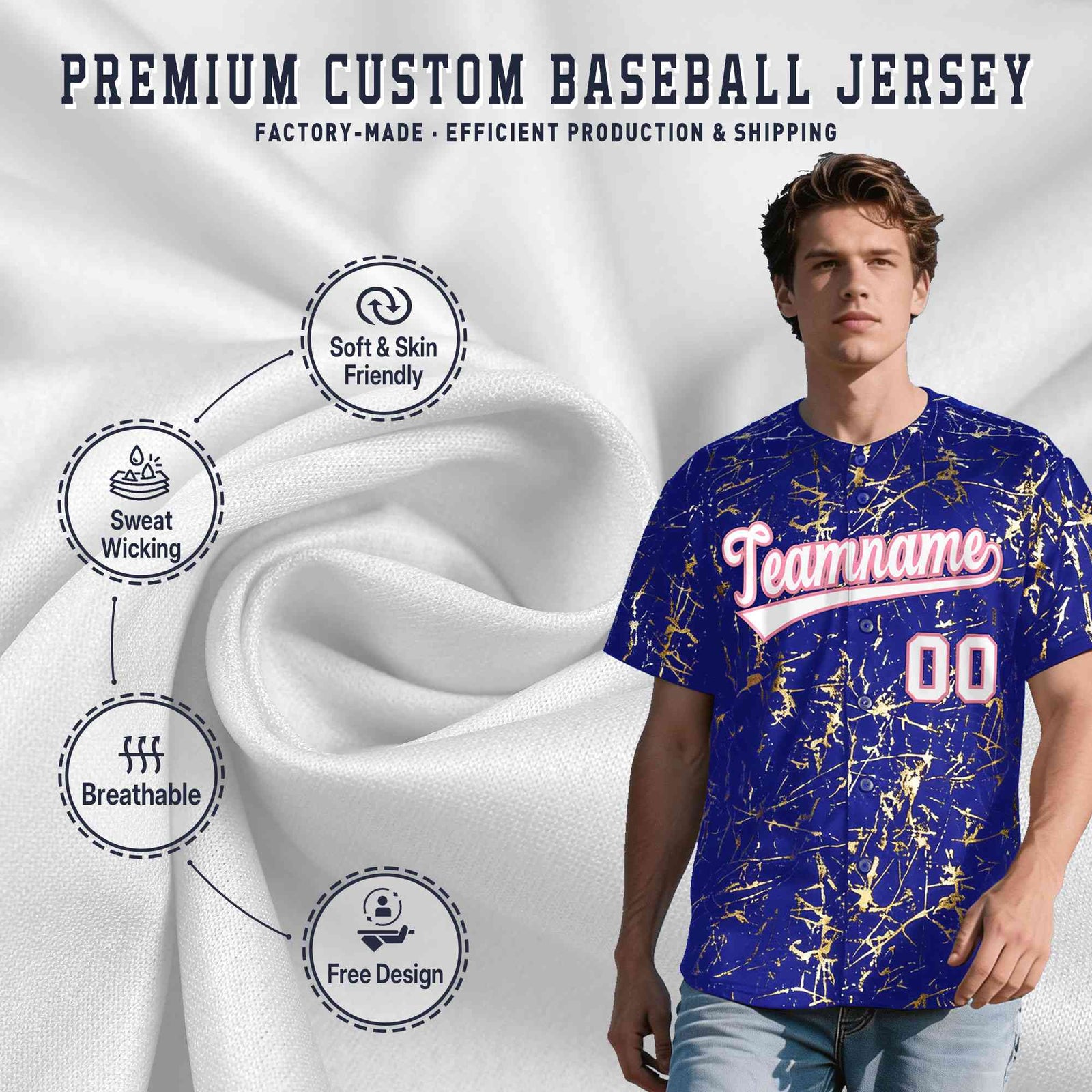 Custom Royal White Black&Shiny Gold Cracked Foil Breathable Mesh Streetwear Baseball Jersey| KXKSHOP