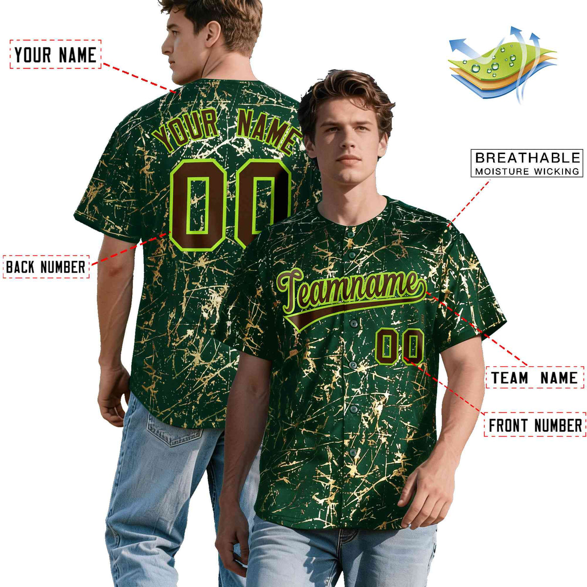 Custom Green Brown Metallic Gold Splatter Breathable&amp;Wrinkle-Resistant Baseball Jersey| KXKSHOP