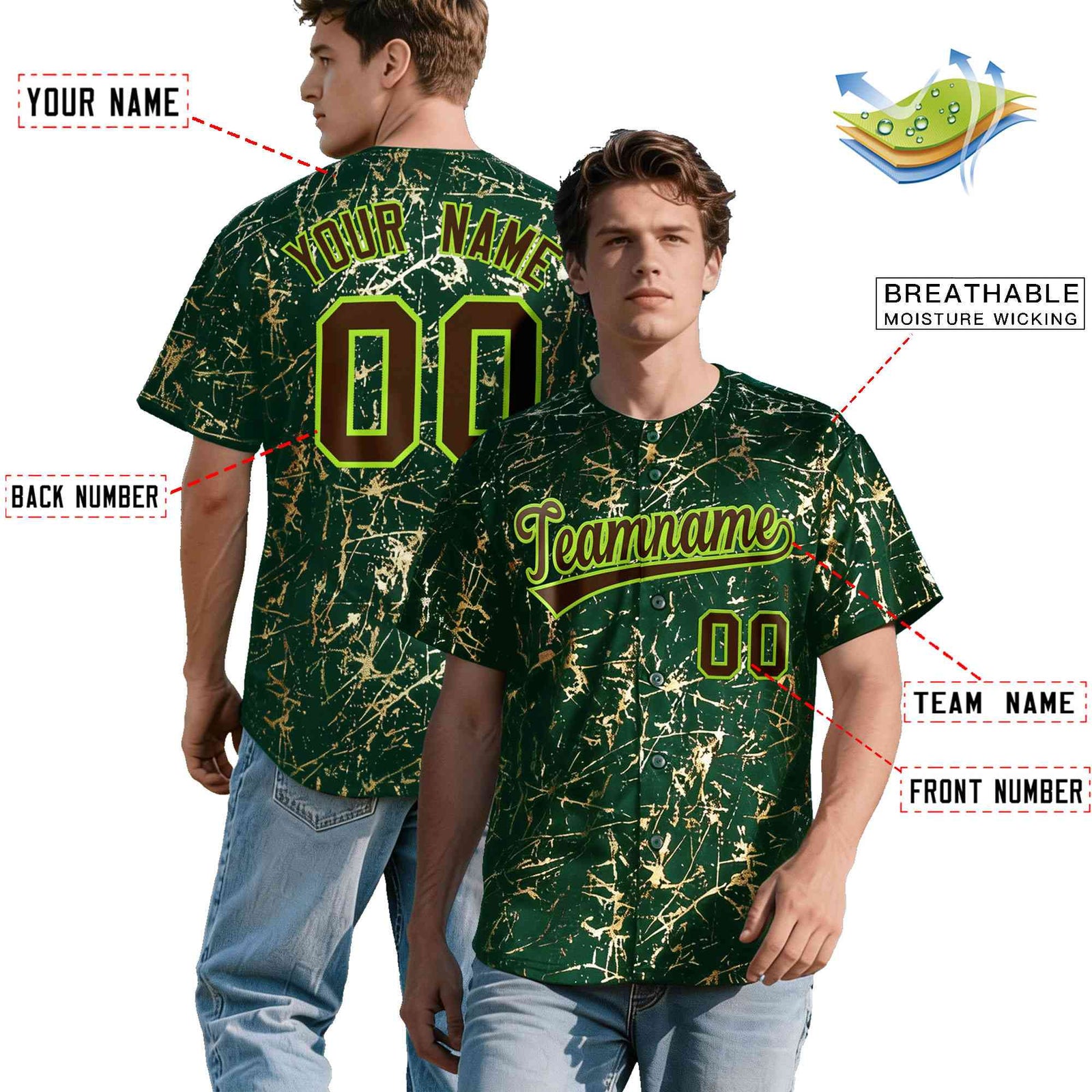 Custom Green Brown Metallic Gold Splatter Breathable&Wrinkle-Resistant Baseball Jersey| KXKSHOP