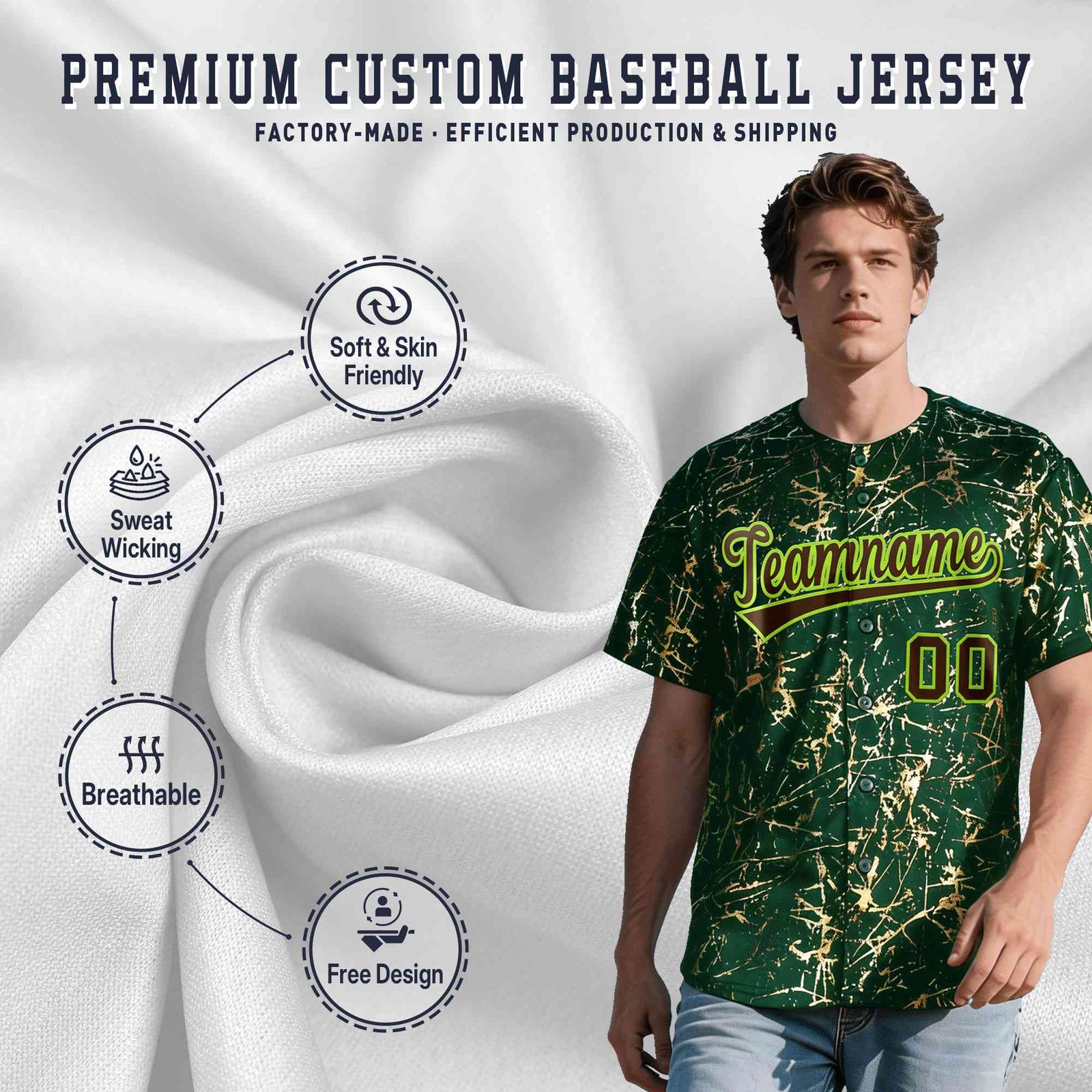 Custom Green Brown Metallic Gold Splatter Breathable&Wrinkle-Resistant Baseball Jersey| KXKSHOP