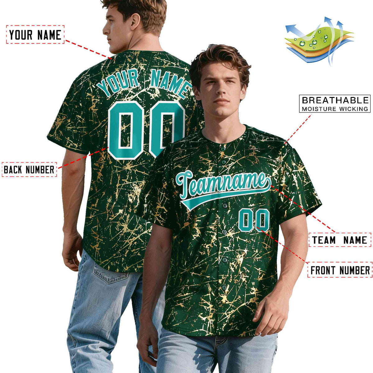 Custom Green Aqua Metallic Gold Splatter Urban Streetwear Baseball Jersey| KXKSHOP