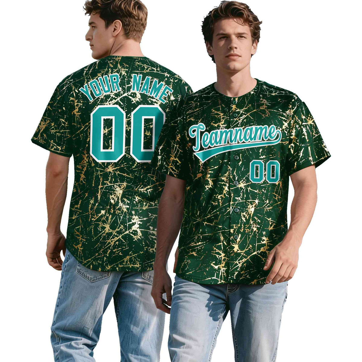 Custom Green Aqua Metallic Gold Splatter Urban Streetwear Baseball Jersey| KXKSHOP