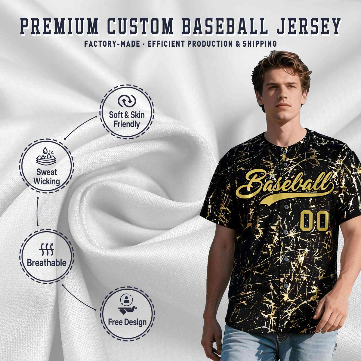 Custom Black Old Gold Shiny Gold Cracked Texture Baseball Jersey