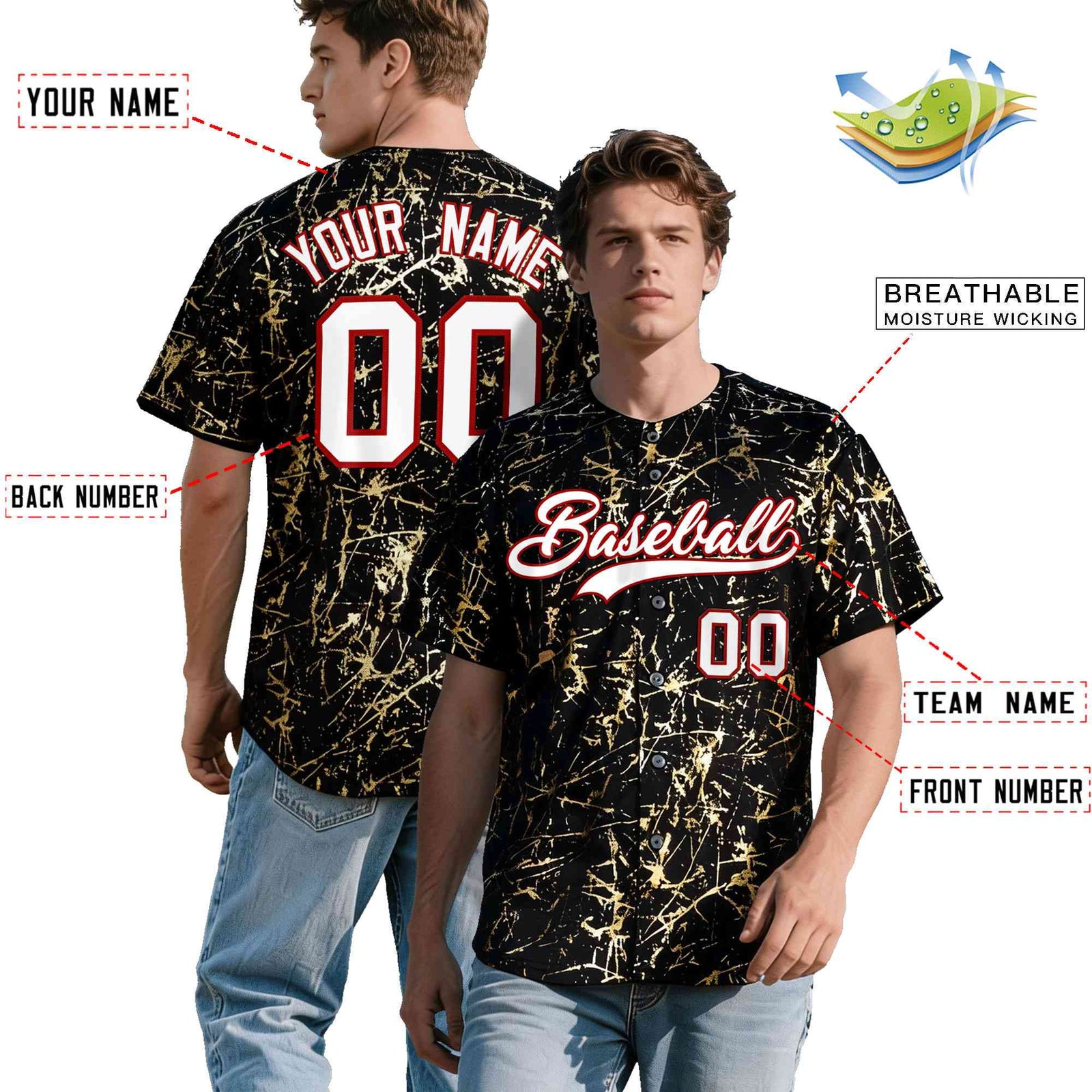 Custom Black White Black&Gold Marble Print Clubwear Party Streetwear Baseball Jersey