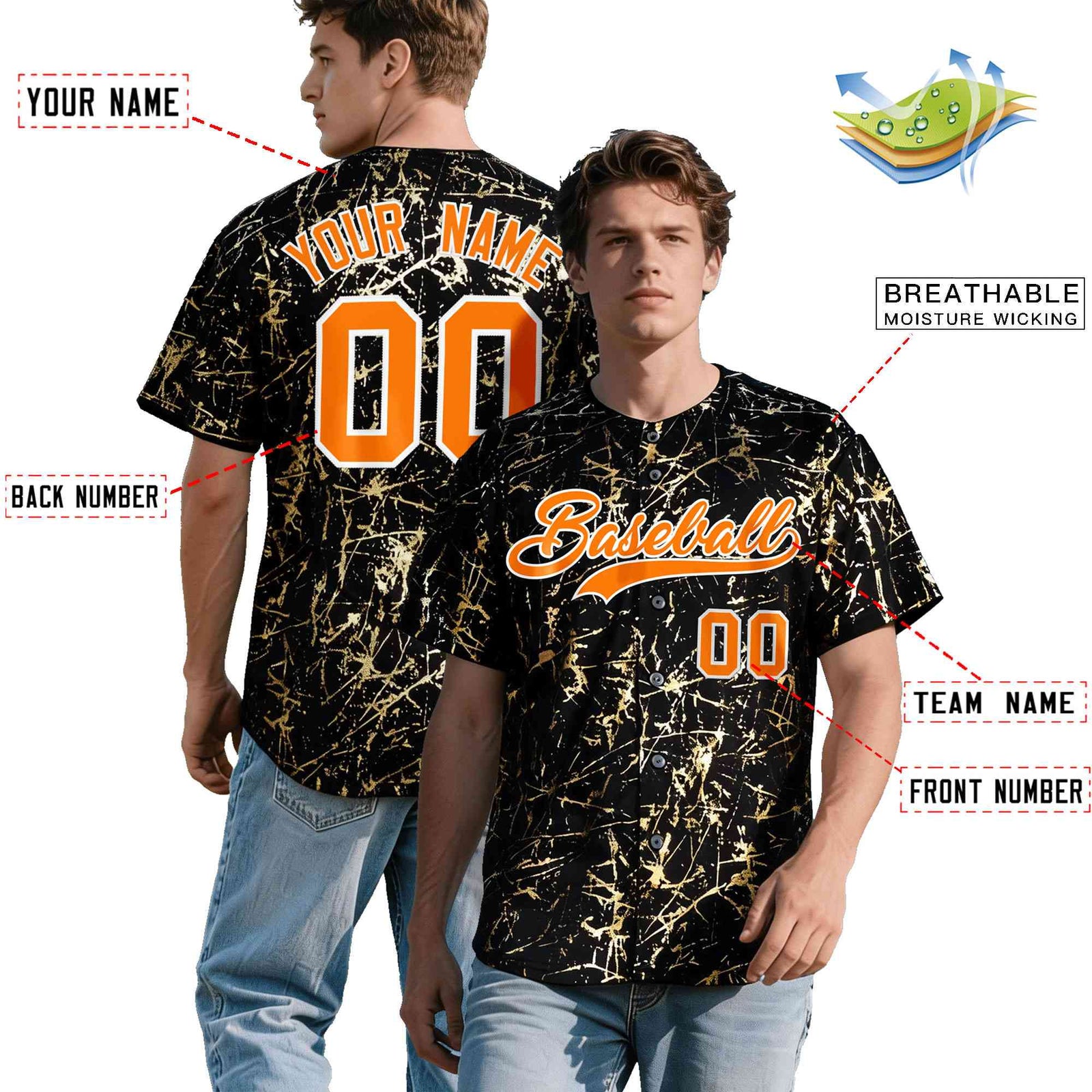 Custom Black Orange Metallic Gold Splatter Urban Streetwear Baseball Jersey