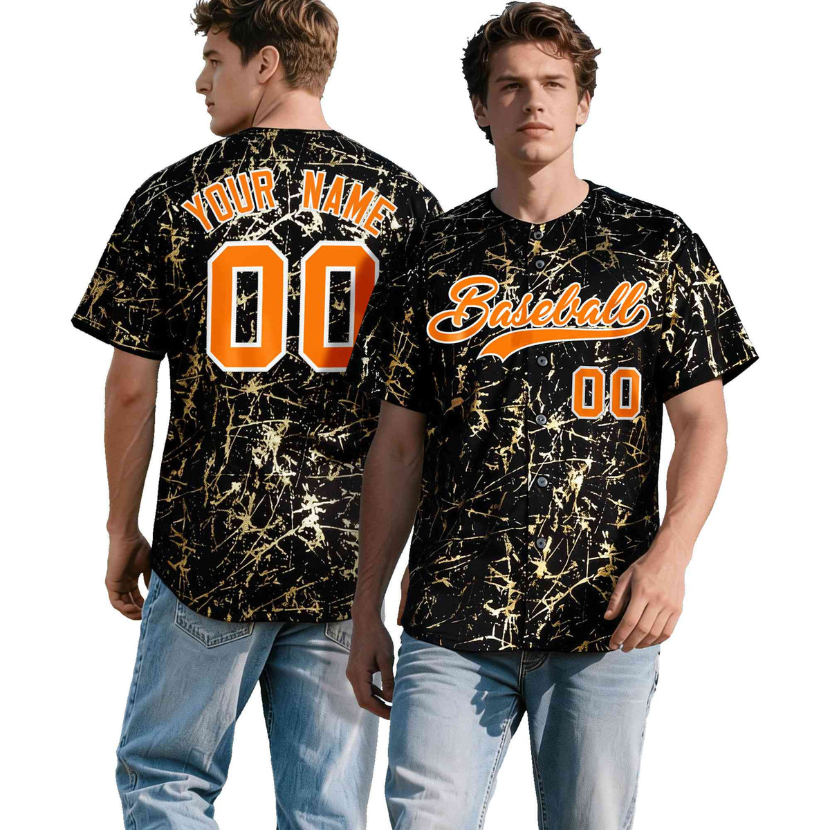 Custom Black Orange Metallic Gold Splatter Urban Streetwear Baseball Jersey