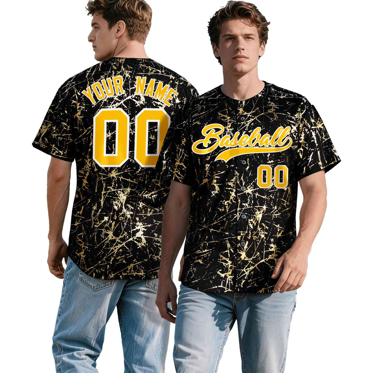 Custom Black Yellow Shiny Gold Cracked Texture Baseball Jersey