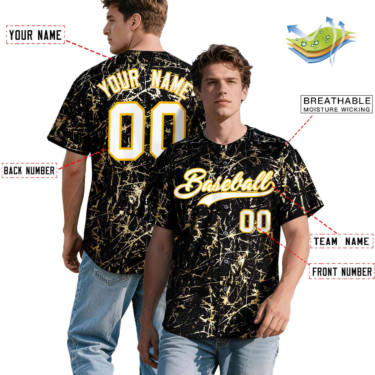 Custom Black White Black&amp;Shiny Gold Cracked Foil Hip Hop Button Down Baseball Jersey