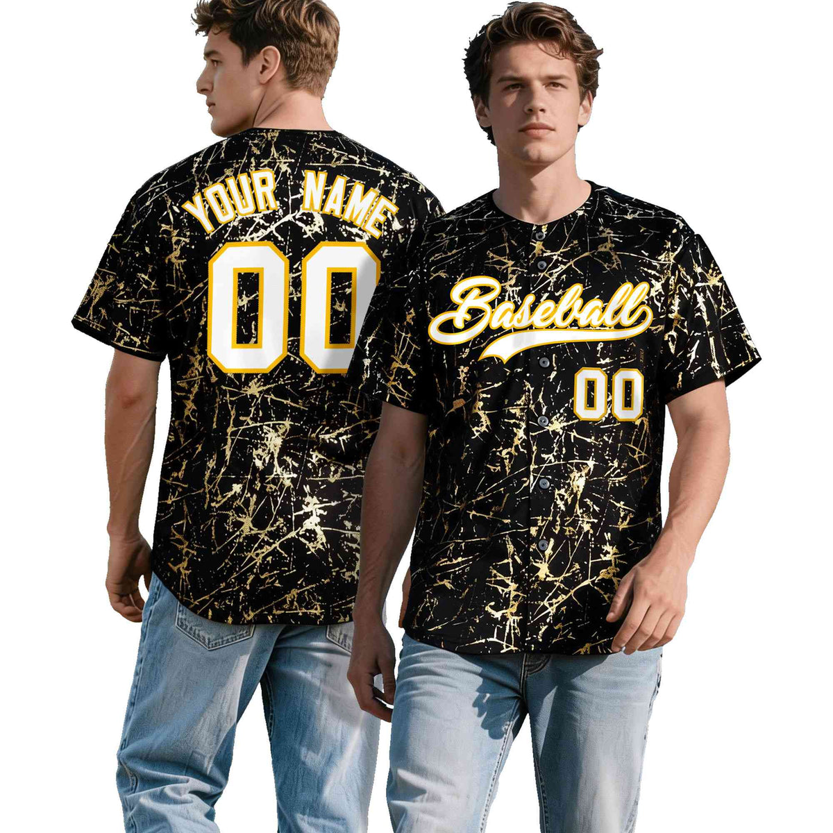 Custom Black White Black&amp;Shiny Gold Cracked Foil Hip Hop Button Down Baseball Jersey