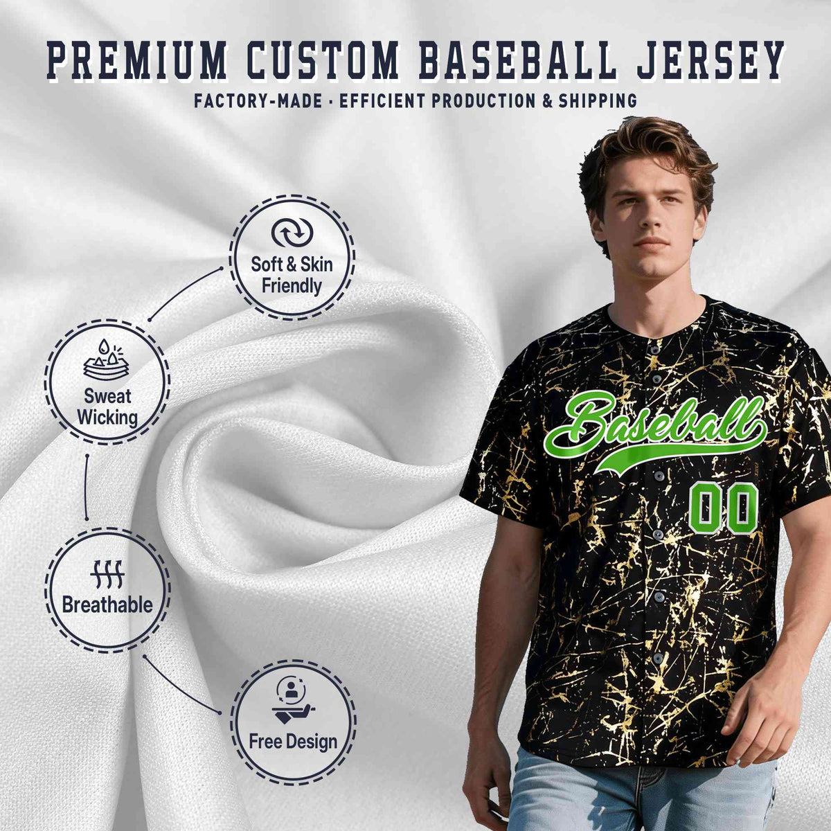 Custom Black Light Green Metallic Gold Splatter Breathable&amp;Wrinkle-Resistant Baseball Jersey
