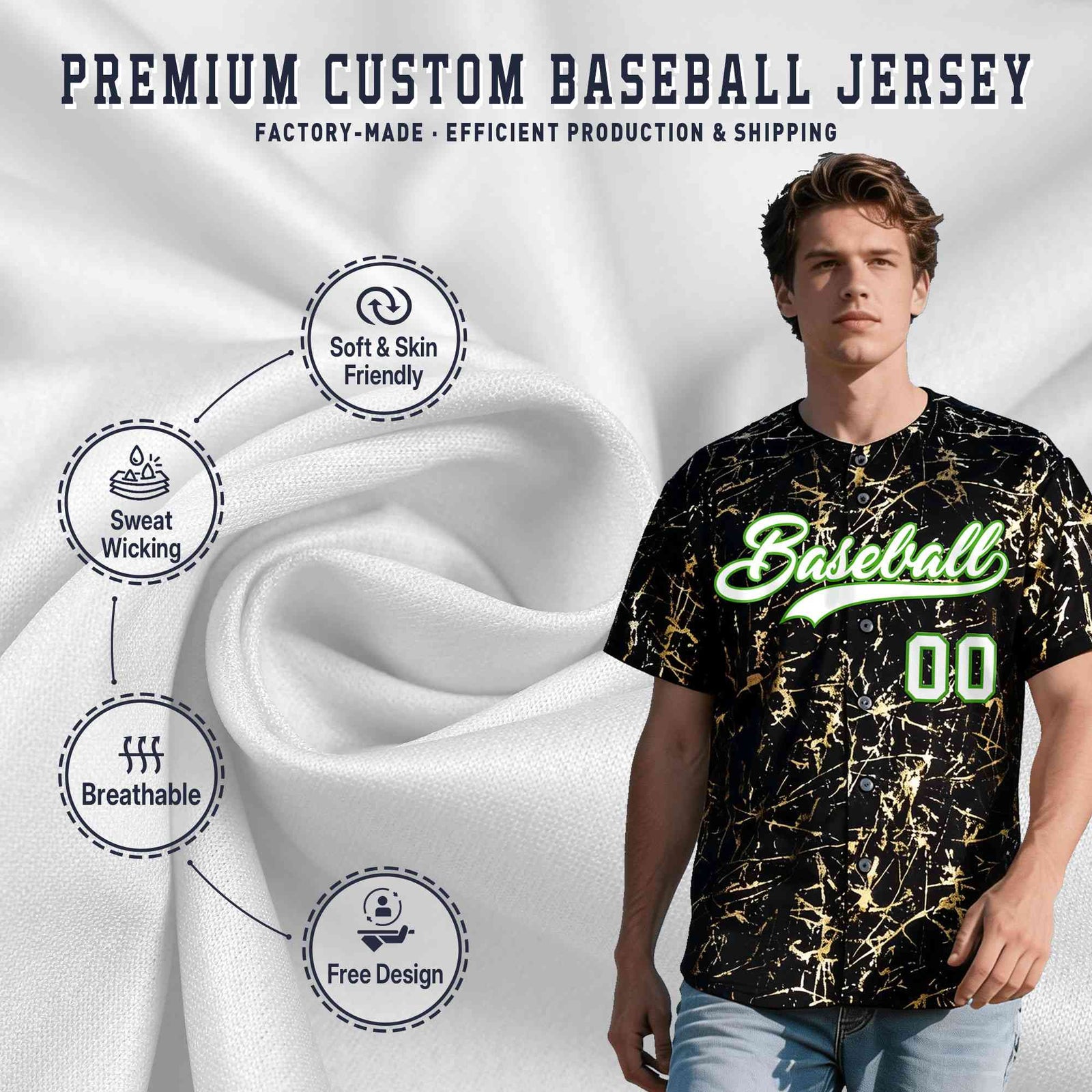 Custom Black White Black&Gold Marble Print Clubwear Party Streetwear Baseball Jersey