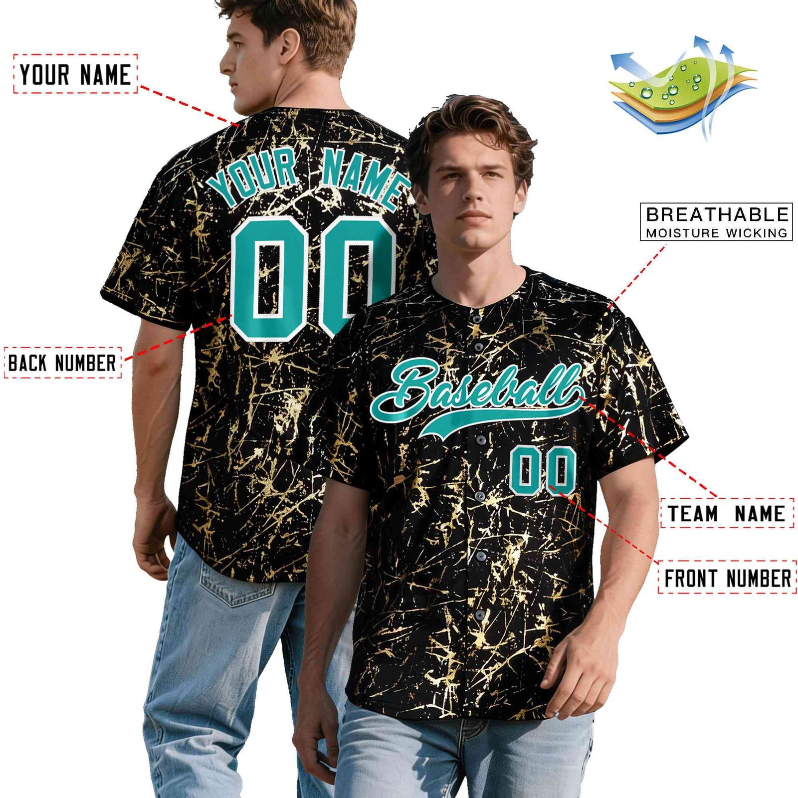 Custom Black Aqua Metallic Gold Splatter Urban Streetwear Baseball Jersey