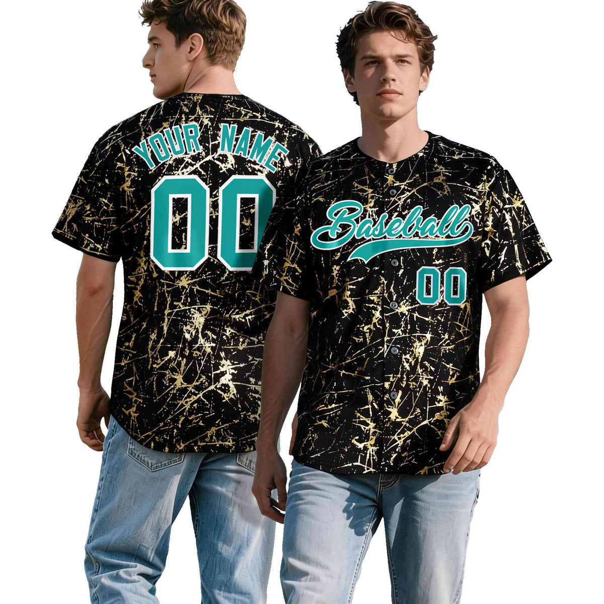 Custom Black Aqua Metallic Gold Splatter Urban Streetwear Baseball Jersey
