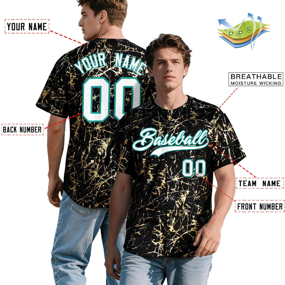 Custom Black White Black&amp;Shiny Gold Cracked Foil Breathable Mesh Streetwear Baseball Jersey
