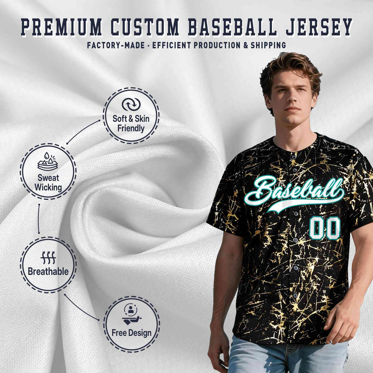 Custom Black White Black&amp;Shiny Gold Cracked Foil Breathable Mesh Streetwear Baseball Jersey