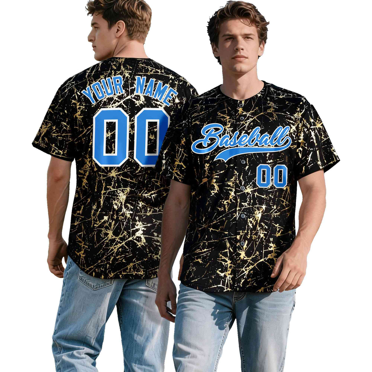 Custom Black Light Blue Shiny Gold Cracked Texture Baseball Jersey