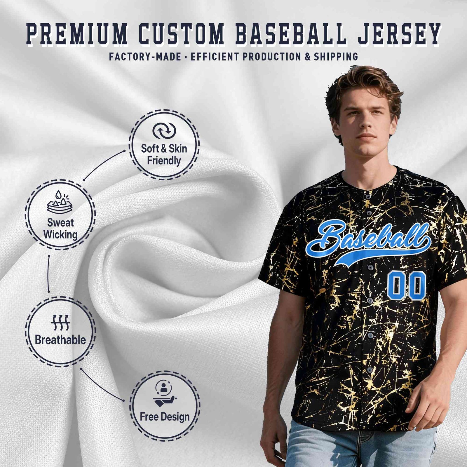 Custom Black Light Blue Shiny Gold Cracked Texture Baseball Jersey