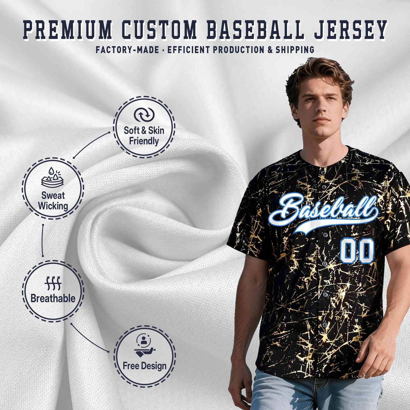 Custom Black White Black&Shiny Gold Cracked Foil Hip Hop Button Down Baseball Jersey