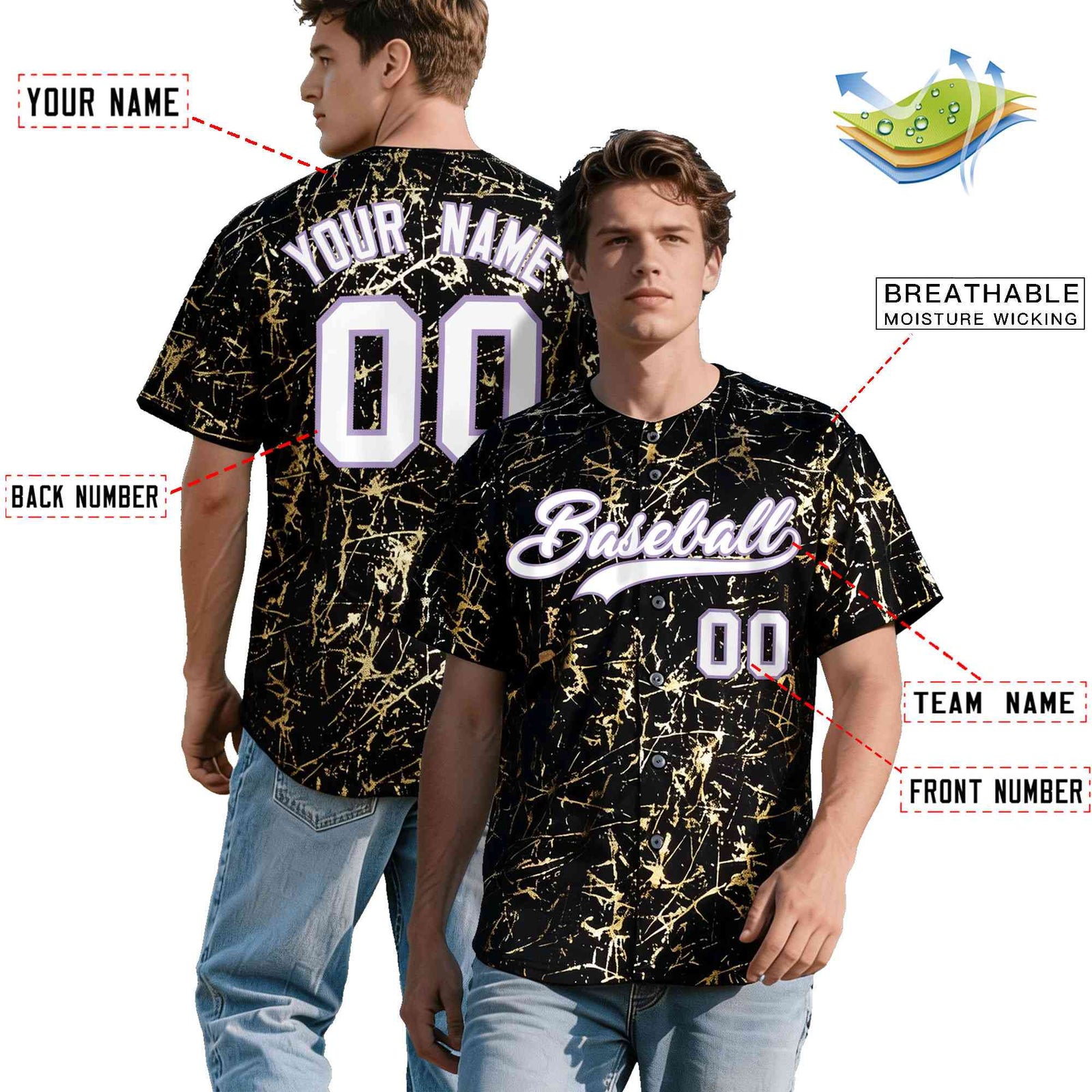 Custom Black White Black&Gold Marble Print Clubwear Party Streetwear Baseball Jersey