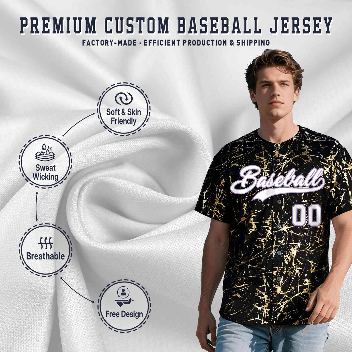 Custom Black White Black&amp;Gold Marble Print Clubwear Party Streetwear Baseball Jersey