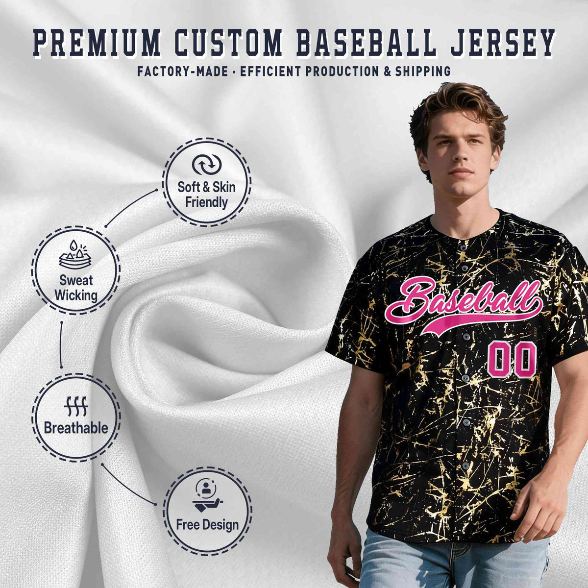 Custom Black Rose Red Shiny Gold Cracked Texture Baseball Jersey