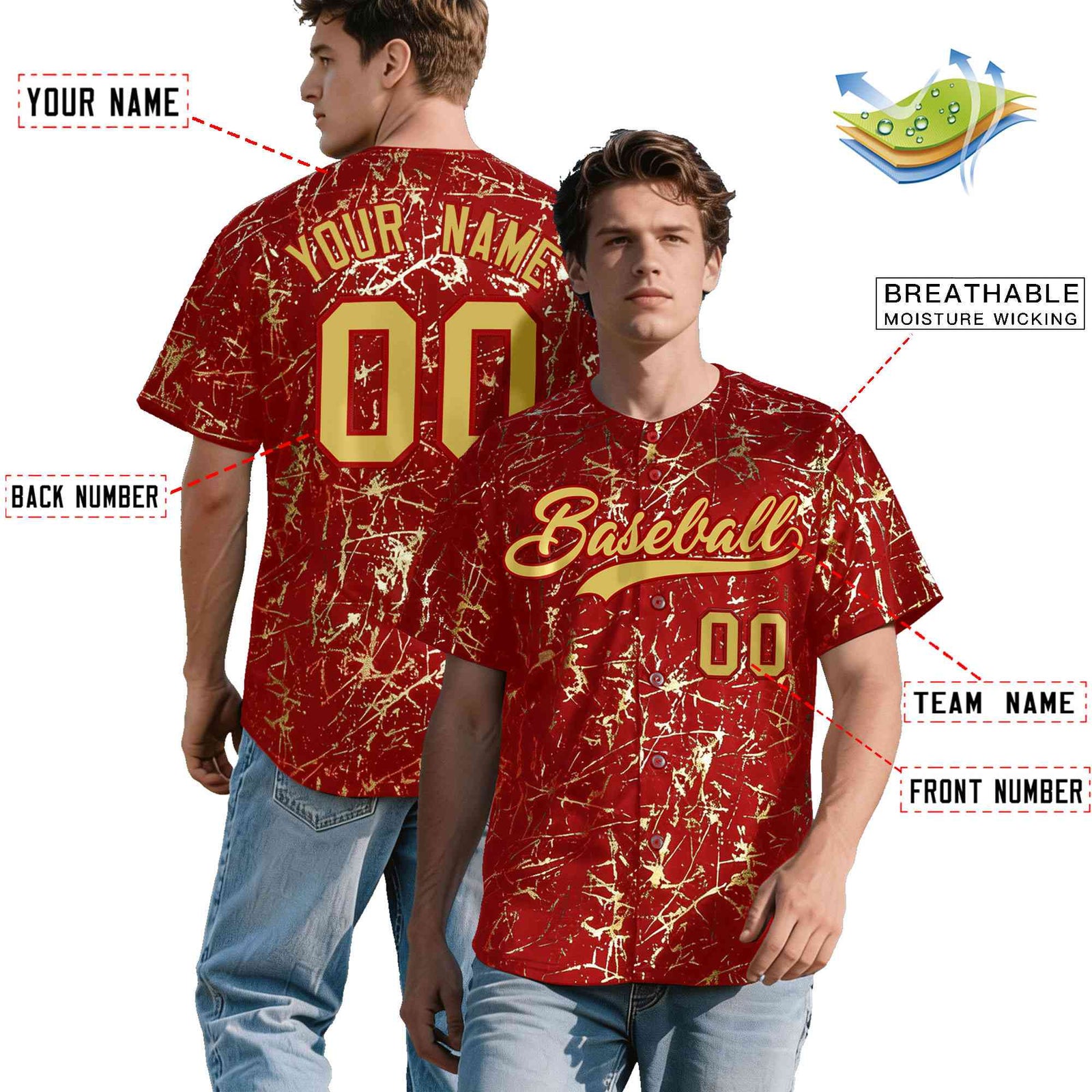Custom Red Old Gold Black&Gold Marble Print Clubwear Party Streetwear Baseball Jersey