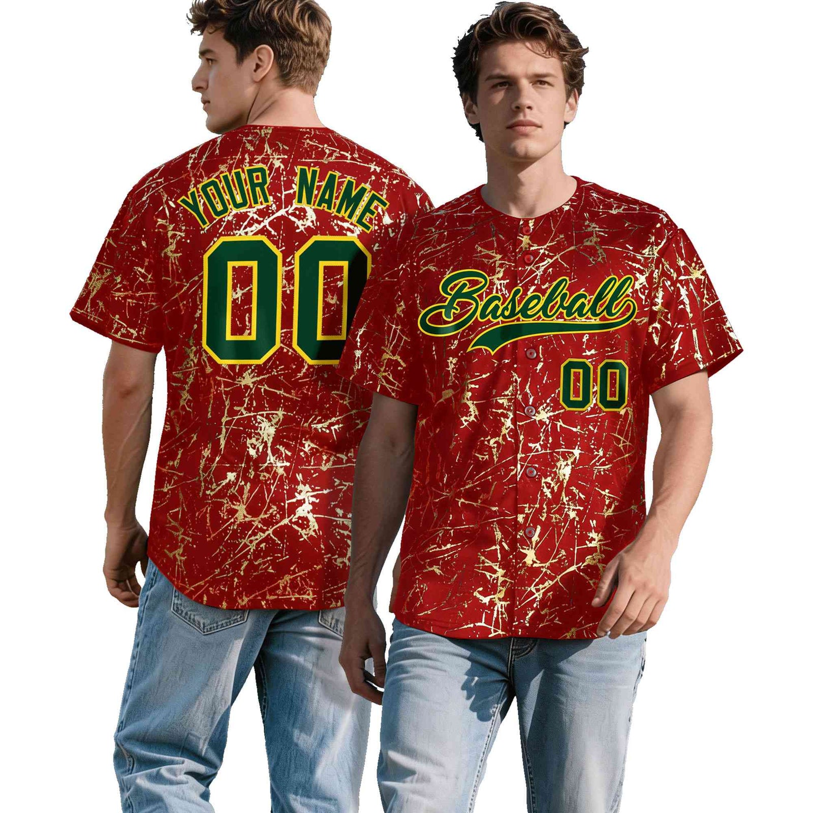 Custom Red Dark Green Metallic Gold Splatter Urban Streetwear Baseball Jersey