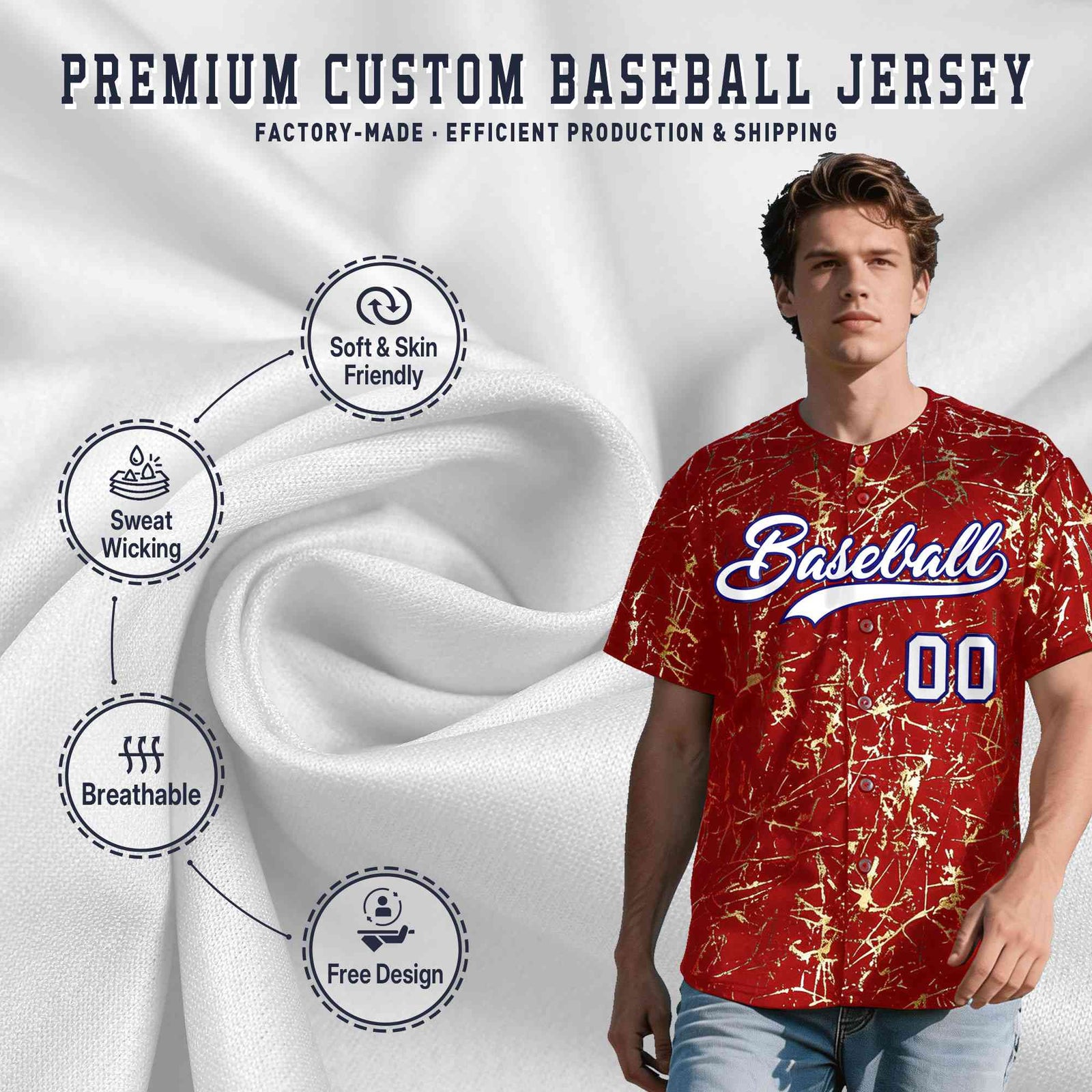 Custom Red White Black&Shiny Gold Cracked Foil Hip Hop Button Down Baseball Jersey
