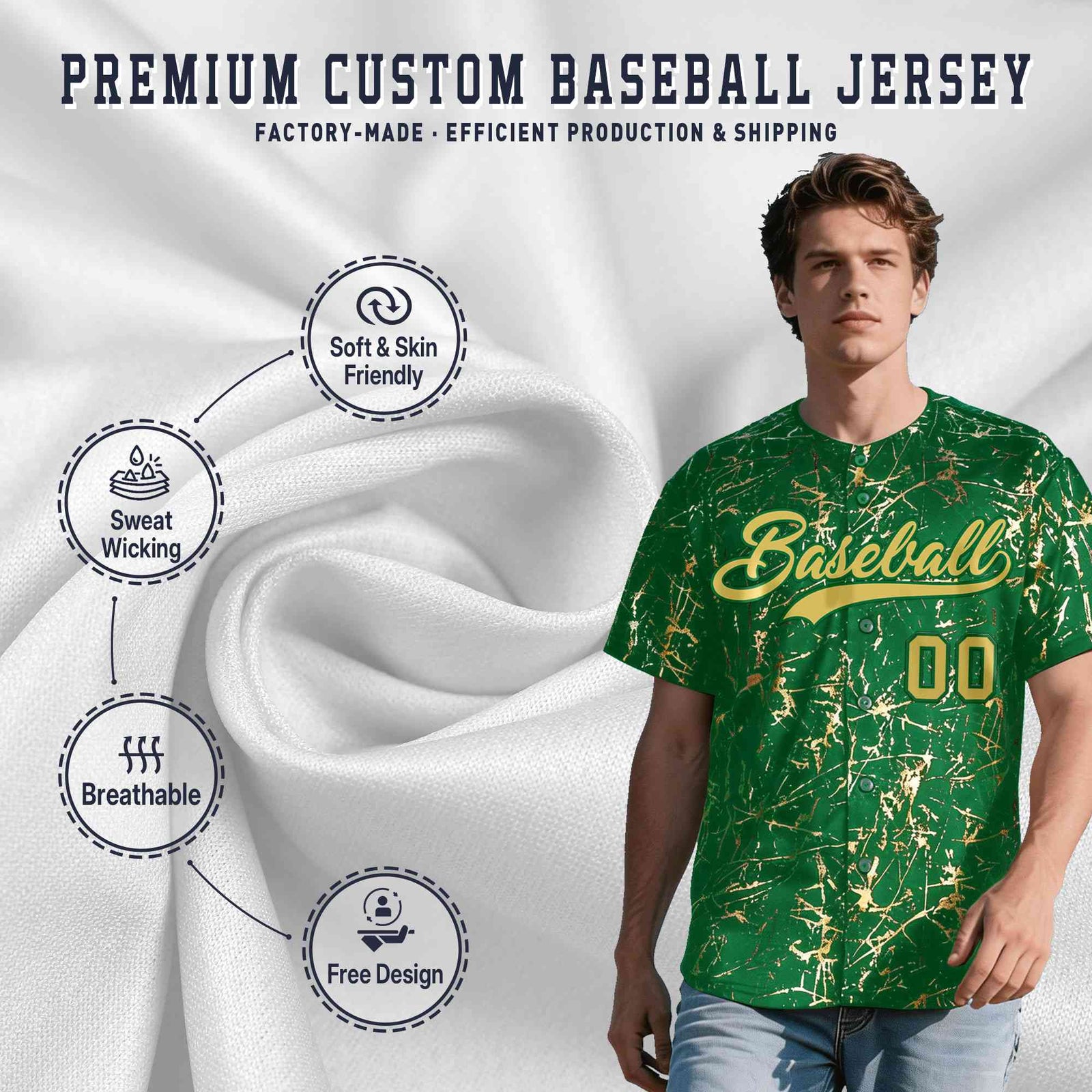 Custom Kelly Green Old Gold Black&Shiny Gold Cracked Foil Hip Hop Button Down Baseball Jersey