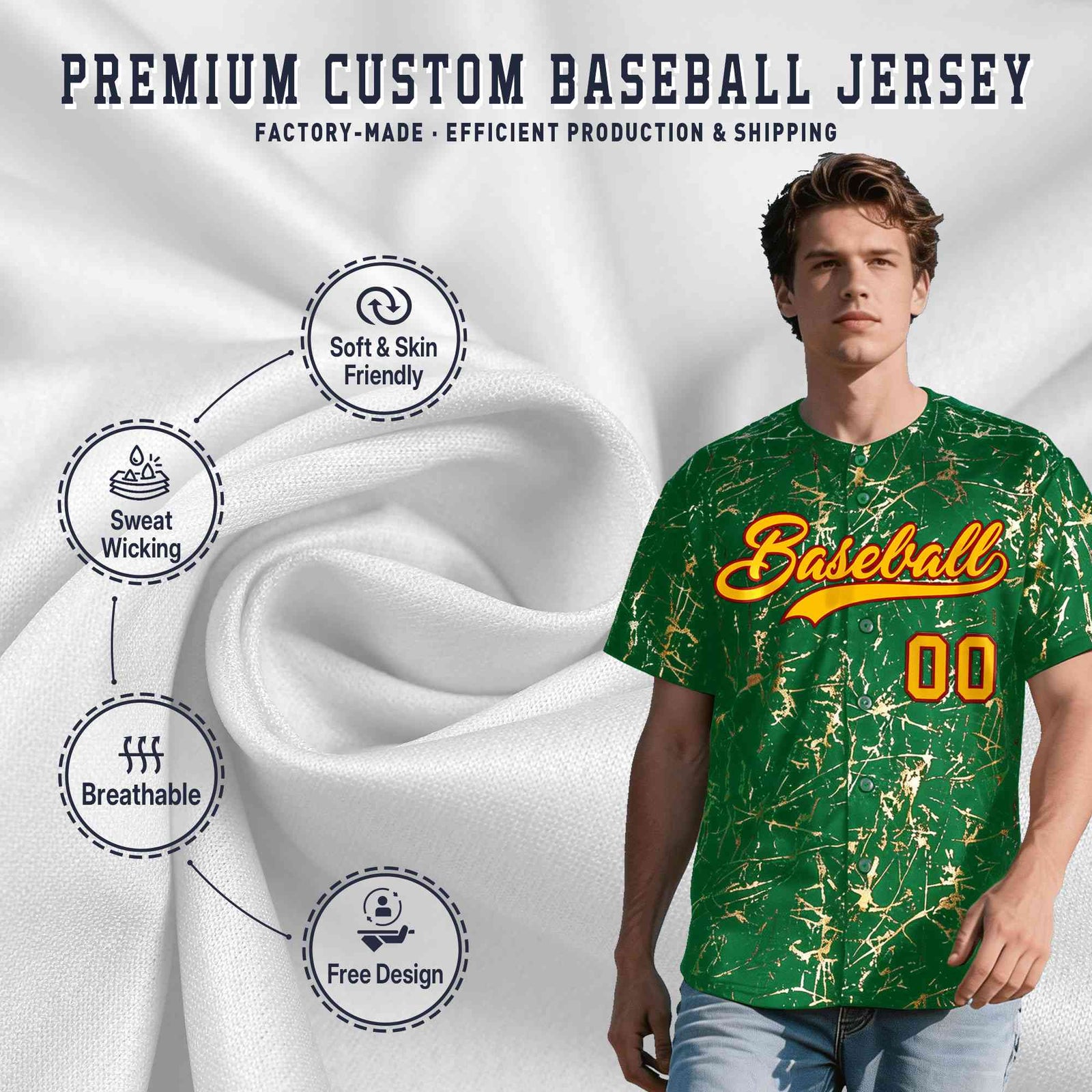 Custom Kelly Green Yellow Black&Gold Marble Print Clubwear Party Streetwear Baseball Jersey