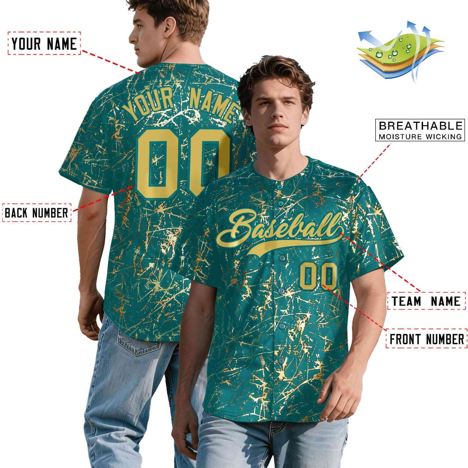Custom Teal Old Gold Black&Shiny Gold Cracked Foil Hip Hop Button Down Baseball Jersey