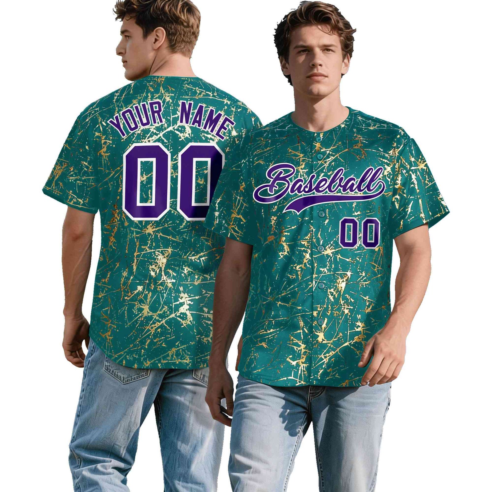Custom Teal Purple Metallic Gold Splatter Urban Streetwear Baseball Jersey