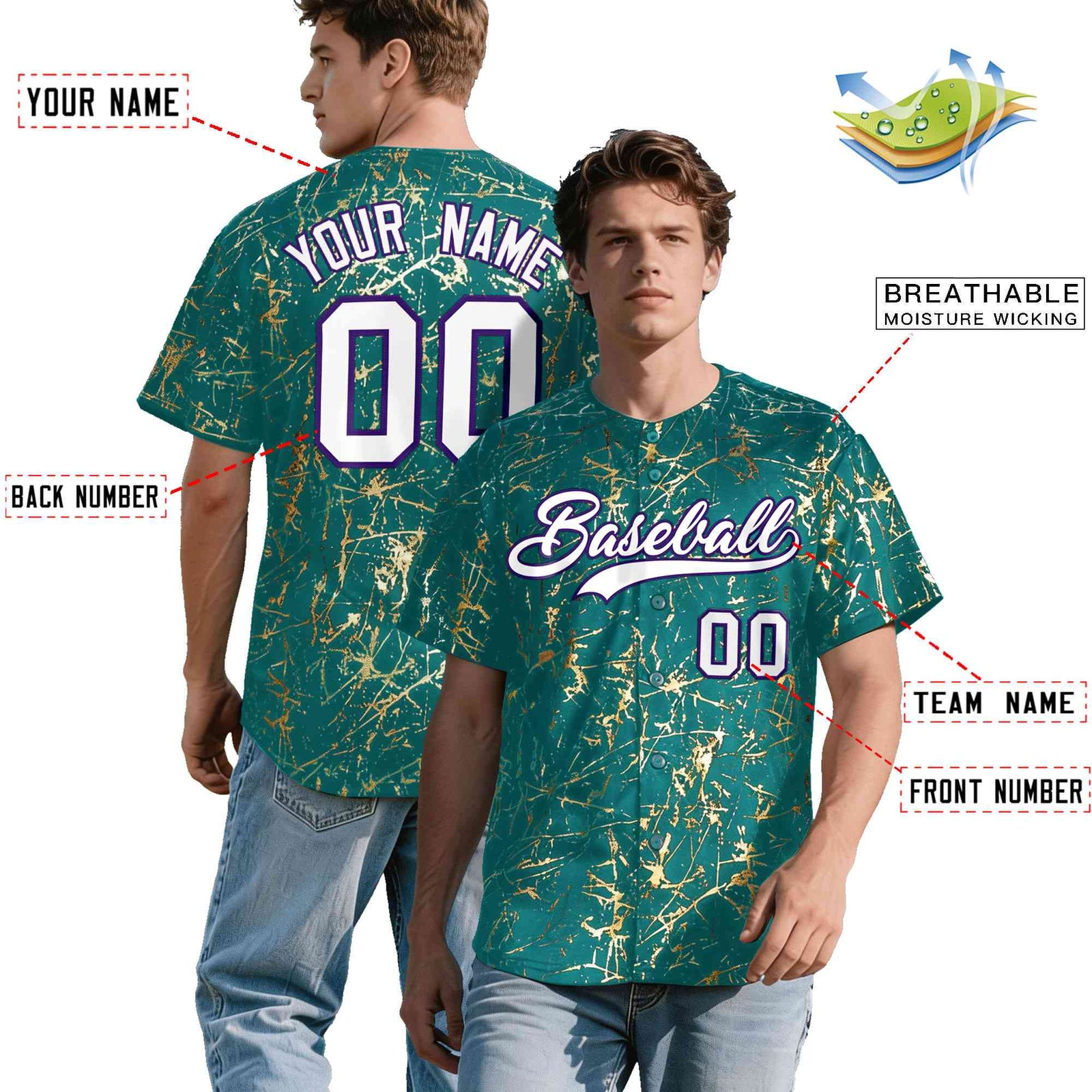 Custom Teal White Black&Shiny Gold Cracked Foil Breathable Mesh Streetwear Baseball Jersey