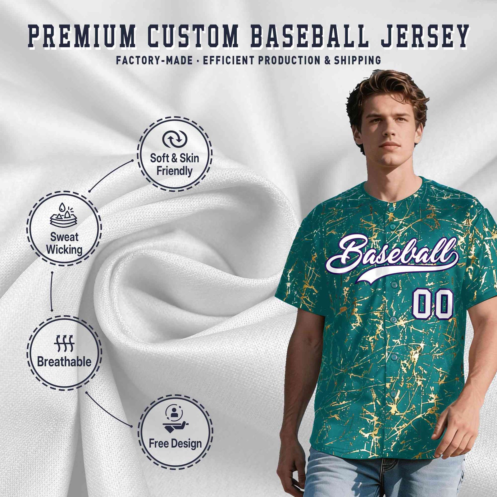 Custom Teal White Black&Shiny Gold Cracked Foil Breathable Mesh Streetwear Baseball Jersey