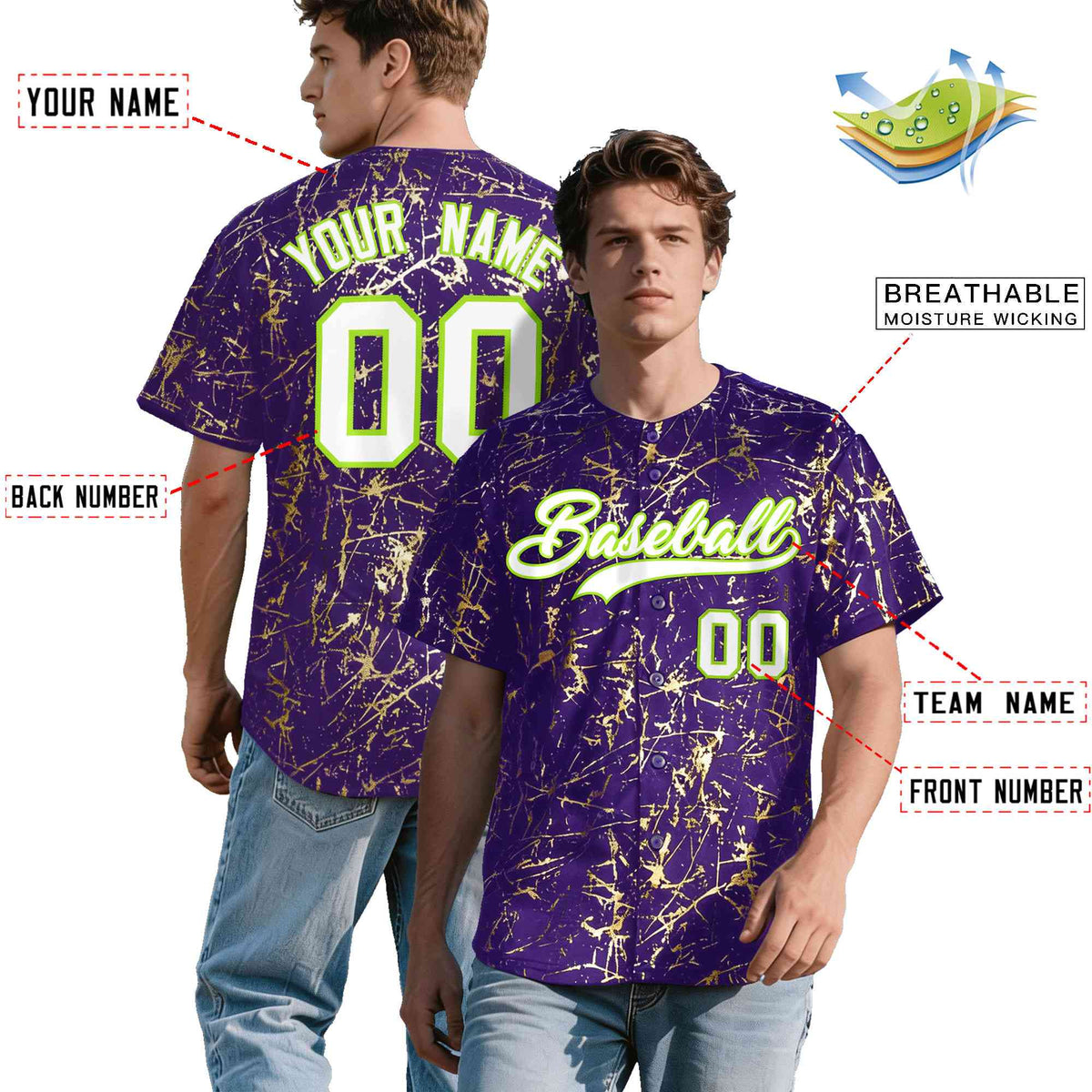 Custom Purple White Black&amp;Shiny Gold Cracked Foil Breathable Mesh Streetwear Baseball Jersey