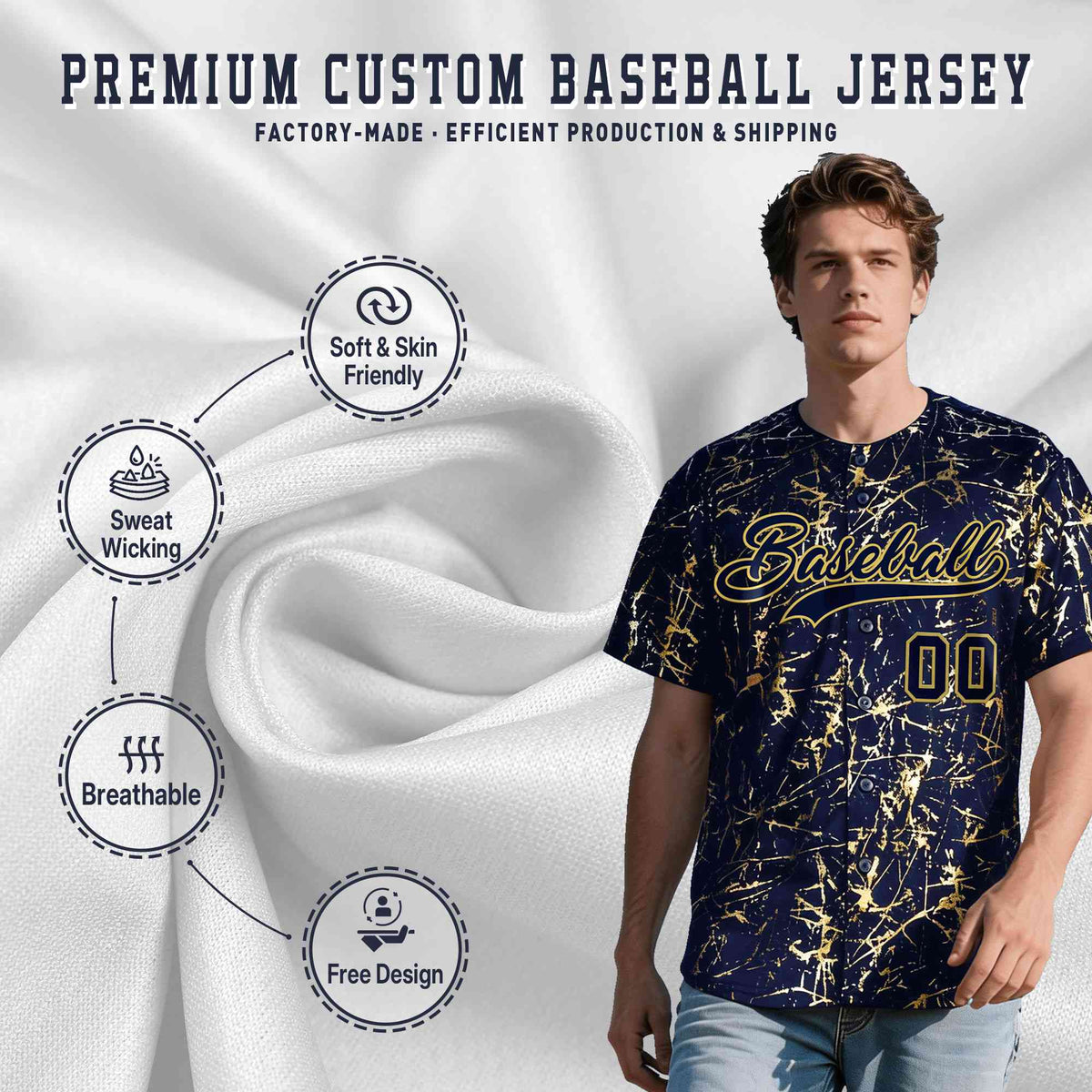 Custom Navy Old Gold Shiny Gold Cracked Texture Baseball Jersey