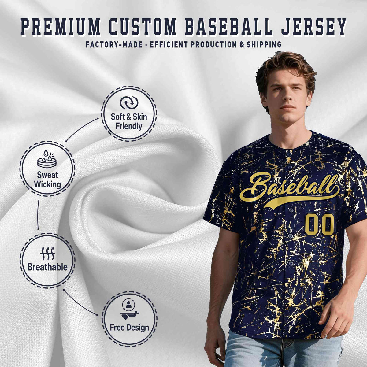 Custom Navy Old Gold Black&amp;Shiny Gold Cracked Foil Hip Hop Button Down Baseball Jersey
