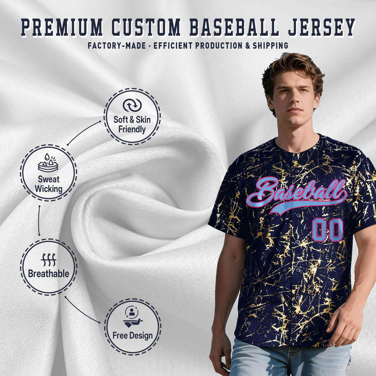 Custom Navy Powder Blue Black&amp;Gold Marble Print Clubwear Party Streetwear Baseball Jersey