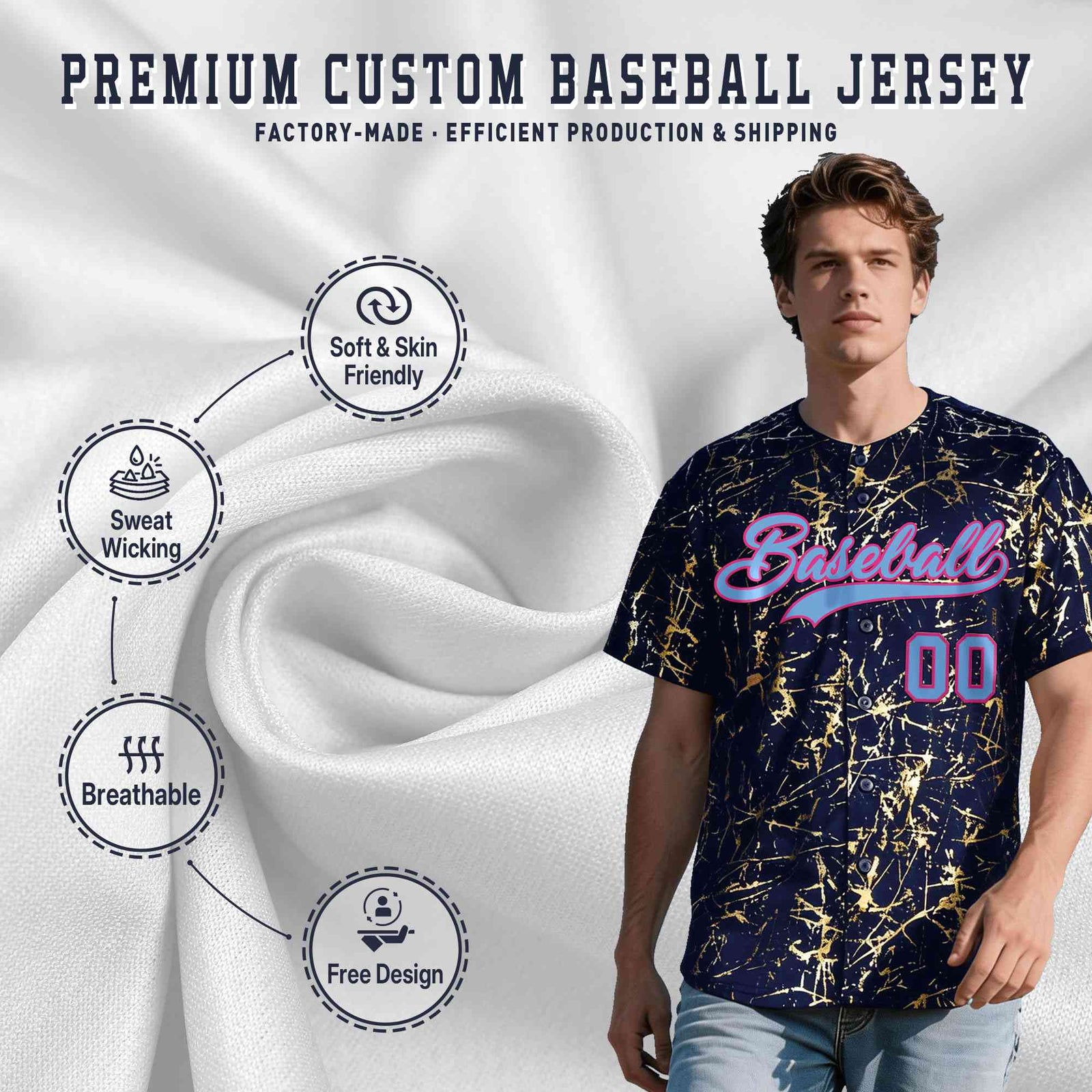 Custom Navy Powder Blue Black&Gold Marble Print Clubwear Party Streetwear Baseball Jersey