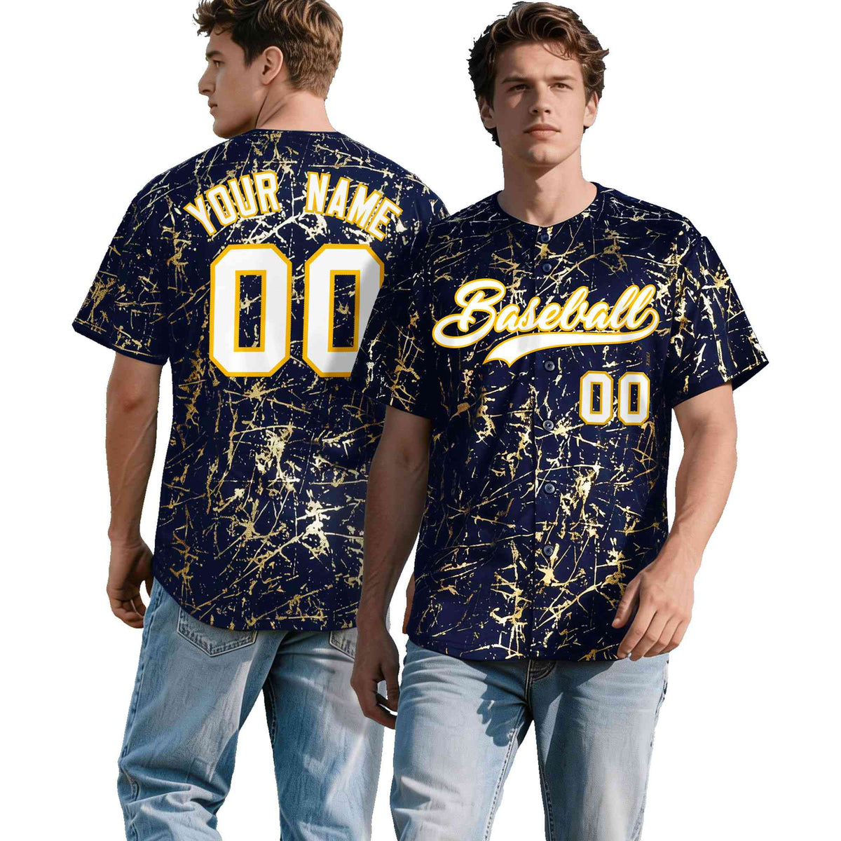 Custom Navy White Black&amp;Shiny Gold Cracked Foil Breathable Mesh Streetwear Baseball Jersey