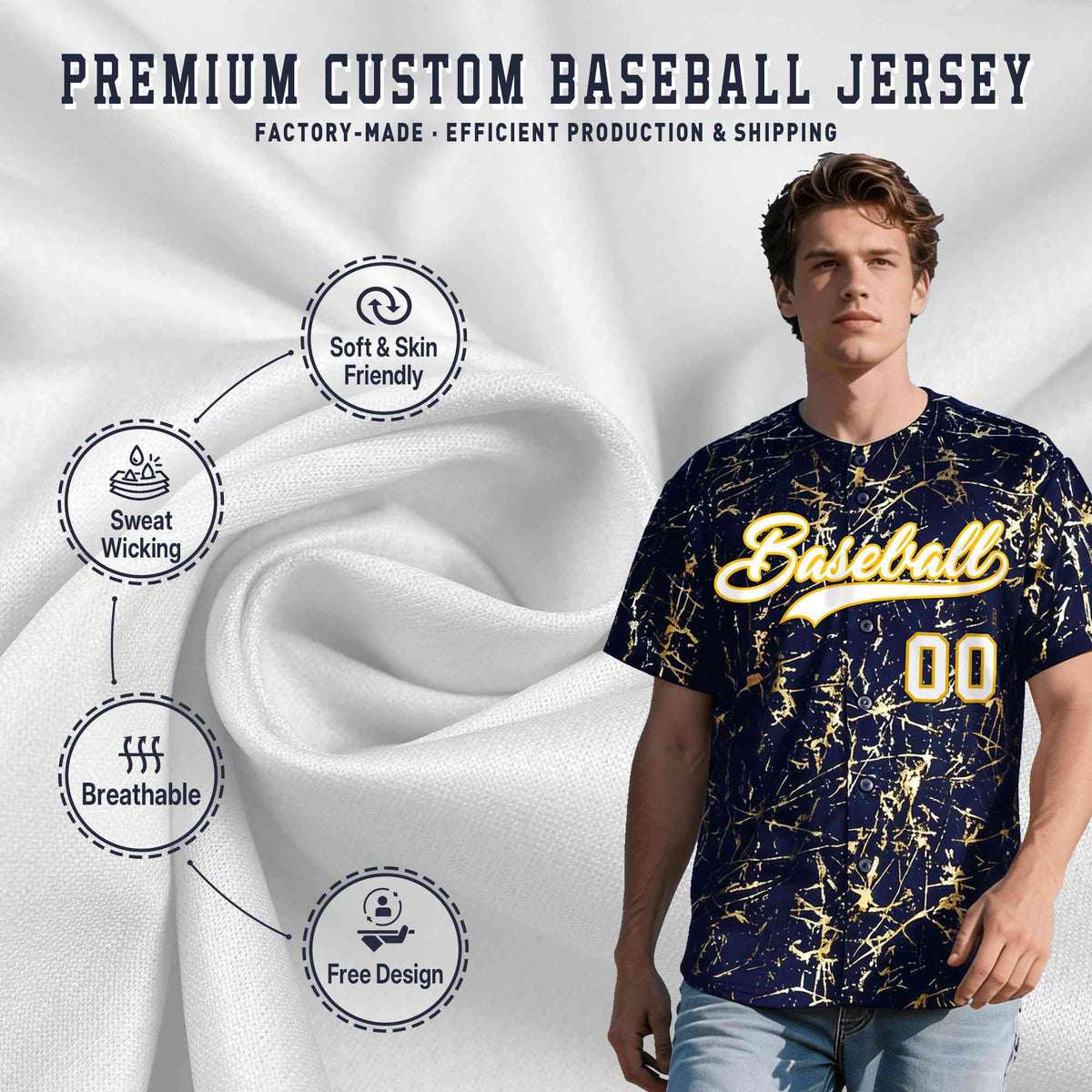 Custom Navy White Black&amp;Shiny Gold Cracked Foil Breathable Mesh Streetwear Baseball Jersey