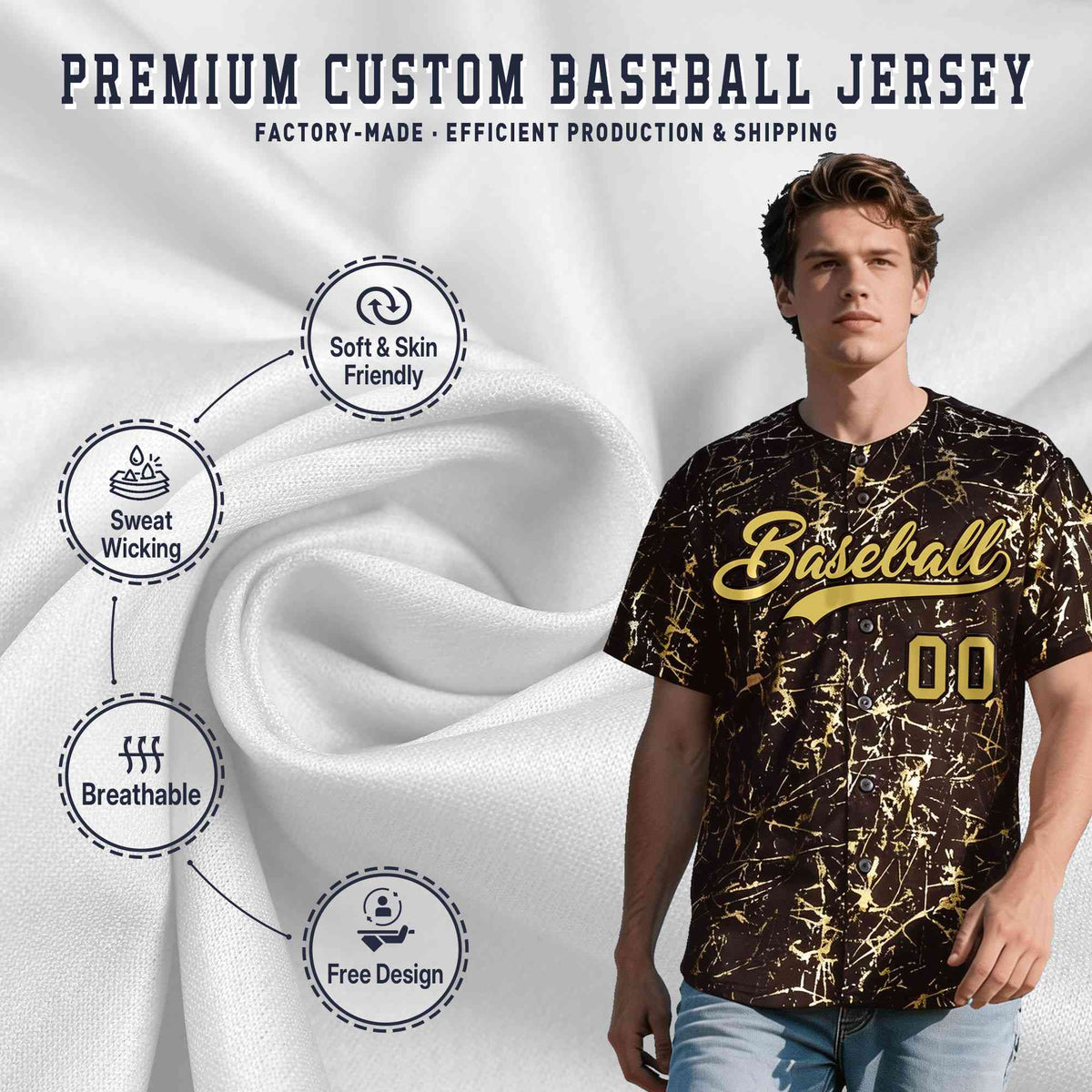 Custom Brown Old Gold Black&amp;Shiny Gold Cracked Foil Hip Hop Button Down Baseball Jersey